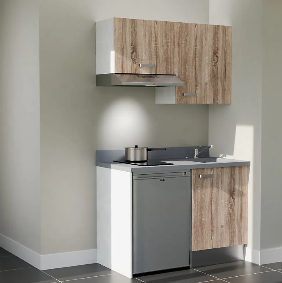 Kitchenette K01 - 120 cm - façades Bois - Plan monobloc en quartz coloris Cromo évier à droite - Electroménager Inox