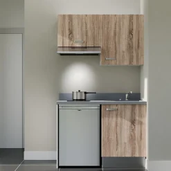 Kitchenette K01 - 120 cm - façades Bois - Plan monobloc en quartz coloris Cromo évier à droite - Electroménager Inox