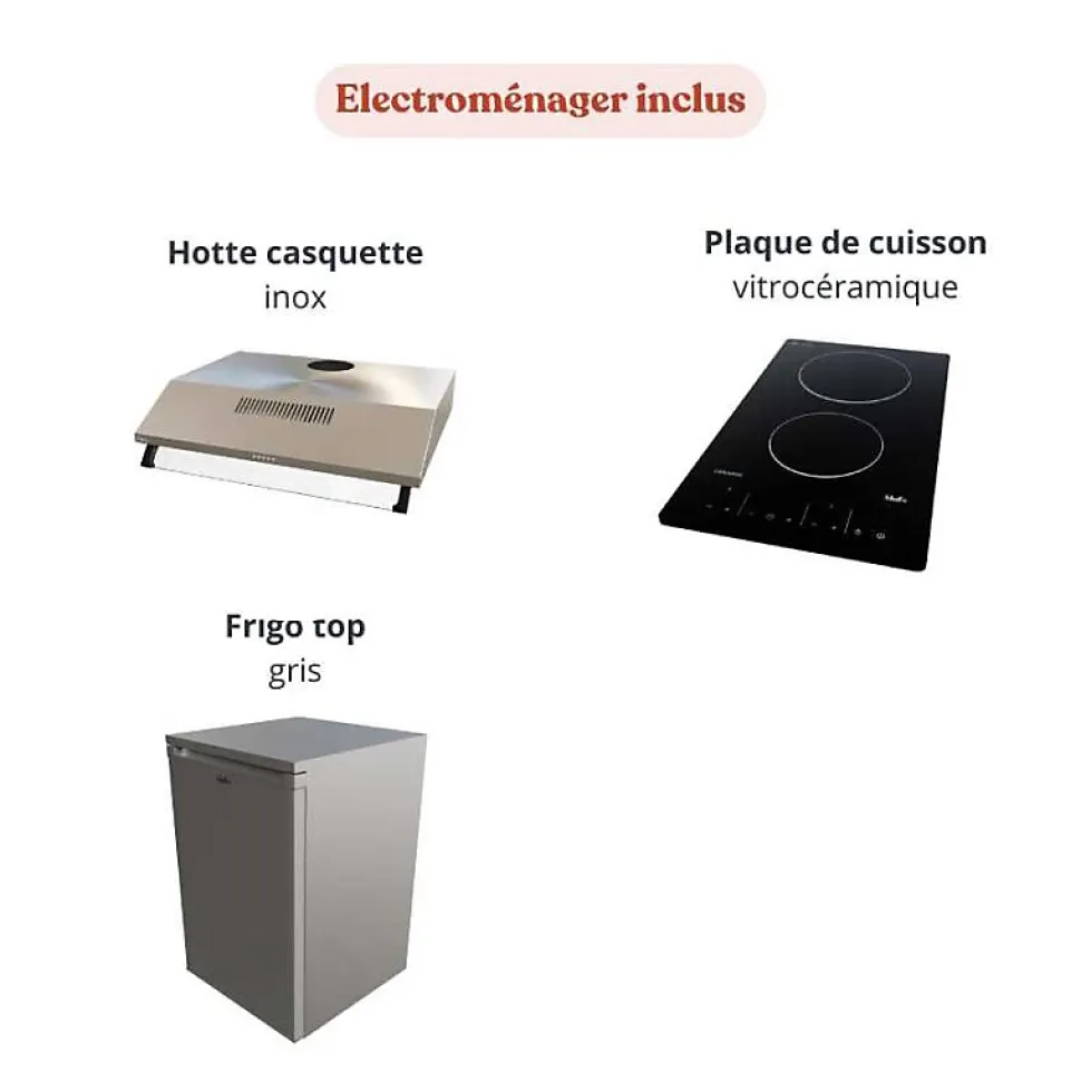 Kitchenette K01 - 120 cm - façades Bois - Plan monobloc en quartz coloris Cromo évier à droite - Electroménager Inox