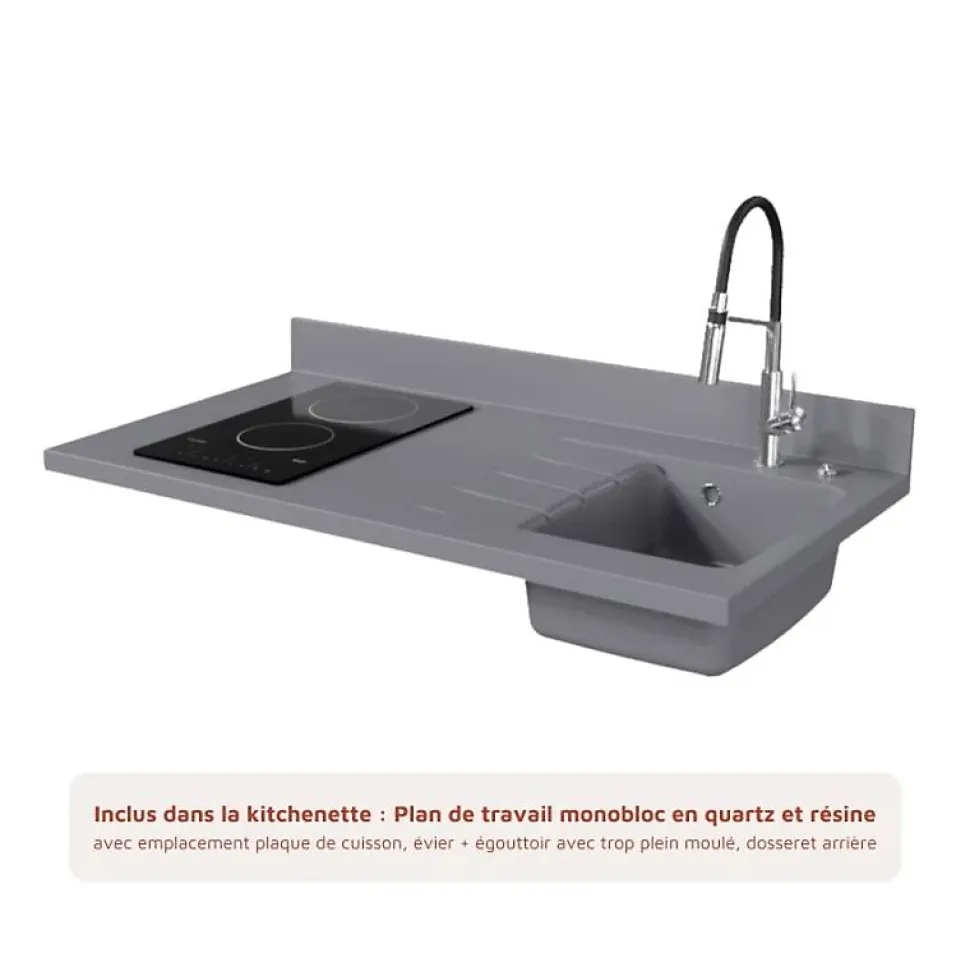 Kitchenette K01 - 120 cm - façades Bois - Plan monobloc en quartz coloris Cromo évier à droite - Electroménager Inox