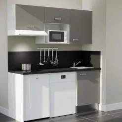 Kitchenette K55 - 180 cm - Façades : Gris - Plan de travail : Noir - Crédences : Oui - Evier