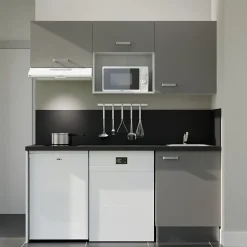 Kitchenette K55 - 180 cm - Façades : Gris - Plan de travail : Noir - Crédences : Oui - Evier