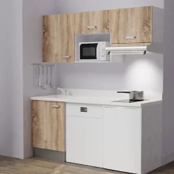 Kitchenette K55 - 180 cm - façades Bois - Plan monobloc en quartz coloris Snova évier à gauche