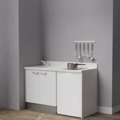 Kitchenette K17 - 140 cm - façades Blanc - Plan monobloc en quartz coloris Snova évier à gauche
