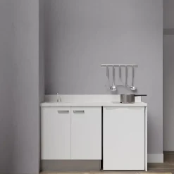 Kitchenette K17 - 140 cm - façades Blanc - Plan monobloc en quartz coloris Snova évier à gauche