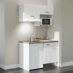 Kitchenette K02 - 120 cm - Façades : Blanc - Plan de travail : Bois - Crédences : Non - Evier Inox