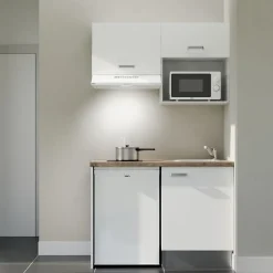 Kitchenette K02 - 120 cm - Façades : Blanc - Plan de travail : Bois - Crédences : Non - Evier Inox