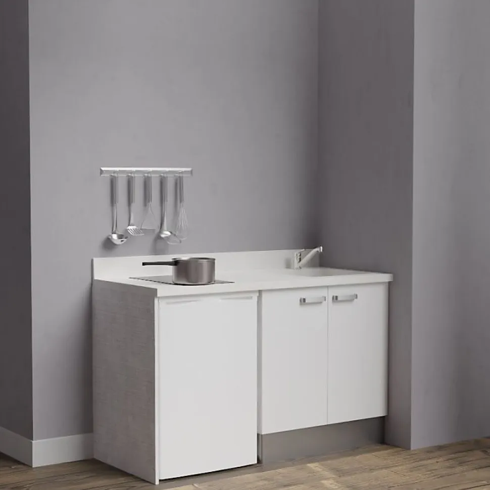 Kitchenette K17 - 140 cm - façades Blanc - Plan monobloc en quartz coloris Snova évier à droite