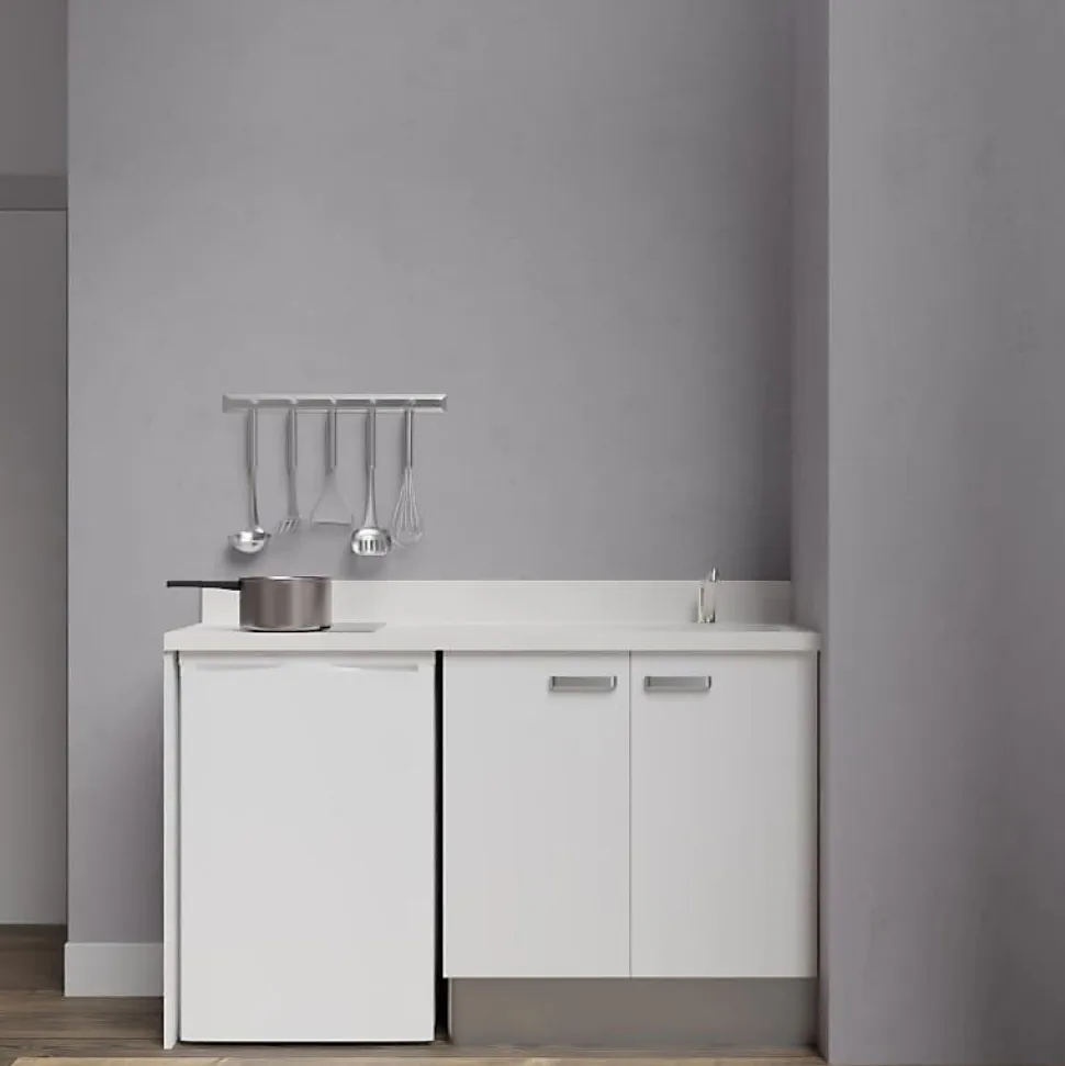 Kitchenette K17 - 140 cm - façades Blanc - Plan monobloc en quartz coloris Snova évier à droite