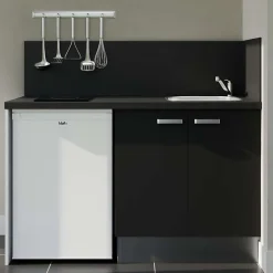 Kitchenette K17 - 140 cm - Façades : Noir - Plan de travail : Noir - Crédences : Oui - Evier
