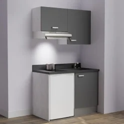Kitchenette K01 - 120 cm - façades Gris - Plan monobloc en quartz coloris Nero évier à droite