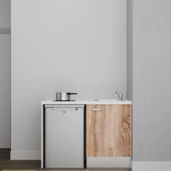 Kitchenette K08 - 120 cm - Façades : Bois - Plan de travail : Blanc - Crédences : Non - Evier Inox