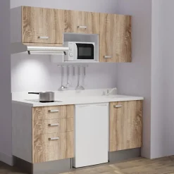 Kitchenette K20 - 180 cm - façades Bois - Plan monobloc en quartz coloris Snova évier à droite