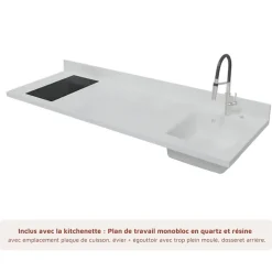 Kitchenette K20 - 180 cm - façades Bois - Plan monobloc en quartz coloris Snova évier à droite
