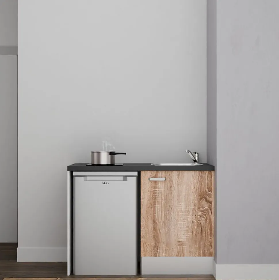 Kitchenette K08 - 120 cm - Façades : Bois - Plan de travail : Noir texturé - Crédences : Non - Evier Inox