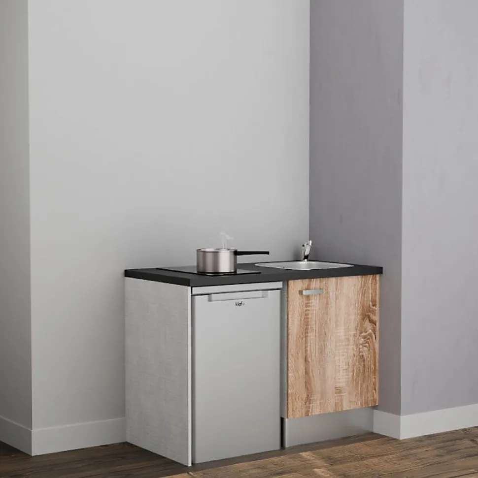 Kitchenette K08 - 120 cm - Façades : Bois - Plan de travail : Noir texturé - Crédences : Non - Evier Inox