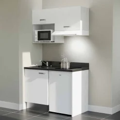 Kitchenette K02 - 120 cm - façades Blanc - Plan monobloc en quartz coloris Nero évier à gauche - Electroménager Blanc