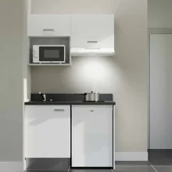 Kitchenette K02 - 120 cm - façades Blanc - Plan monobloc en quartz coloris Nero évier à gauche - Electroménager Blanc