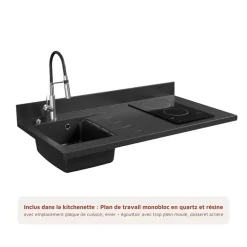 Kitchenette K02 - 120 cm - façades Blanc - Plan monobloc en quartz coloris Nero évier à gauche - Electroménager Blanc