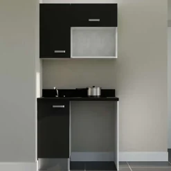 Kitchenette K00 - 100 cm - façades Noir - Plan monobloc en quartz coloris Nero évier à gauche