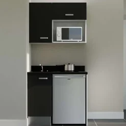 Kitchenette K00 - 100 cm - façades Noir - Plan monobloc en quartz coloris Nero évier à gauche
