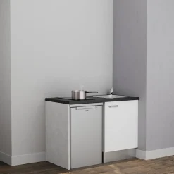 Kitchenette K08 - 120 cm - Façades : Blanc - Plan de travail : Noir texturé - Crédences : Non - Evier Inox