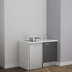 Kitchenette K08 - 120 cm - Façades : Gris - Plan de travail : Blanc - Crédences : Non - Evier Inox