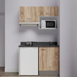 Kitchenette K02 - 120 cm - façades Bois - Plan monobloc en quartz coloris Nero évier à droite