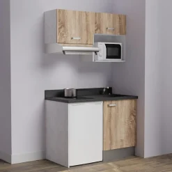 Kitchenette K02 - 120 cm - façades Bois - Plan monobloc en quartz coloris Nero évier à droite