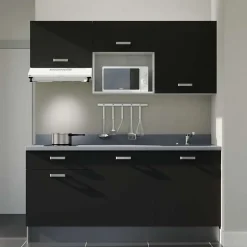 Kitchenette K30 - 180 cm - façades Noir - Plan monobloc en quartz coloris Cromo évier à droite