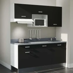 Kitchenette K30 - 180 cm - façades Noir - Plan monobloc en quartz coloris Cromo évier à droite