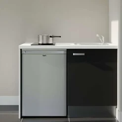 Kitchenette K08 - 120 cm - Façades : Noir - Plan de travail : Blanc - Crédences : Non - Evier Inox