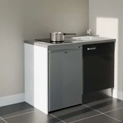 Kitchenette K08 - 120 cm - Façades : Noir - Plan de travail : Blanc - Crédences : Non - Evier Inox