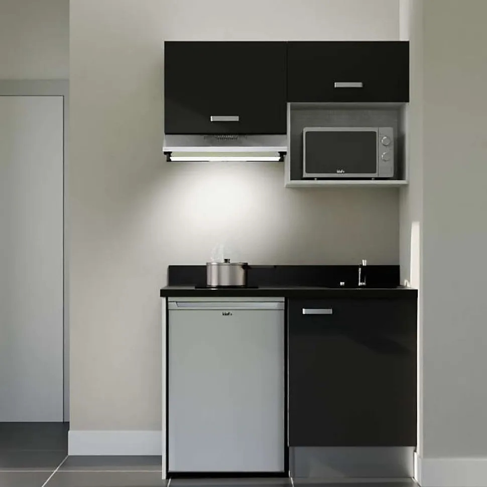 Kitchenette K02 - 120 cm - façades Noir - Plan monobloc en quartz coloris Nero évier à droite - Electroménager Inox