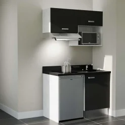 Kitchenette K02 - 120 cm - façades Noir - Plan monobloc en quartz coloris Nero évier à droite - Electroménager Inox