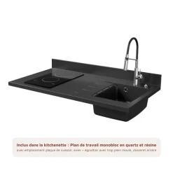 Kitchenette K02 - 120 cm - façades Noir - Plan monobloc en quartz coloris Nero évier à droite - Electroménager Inox