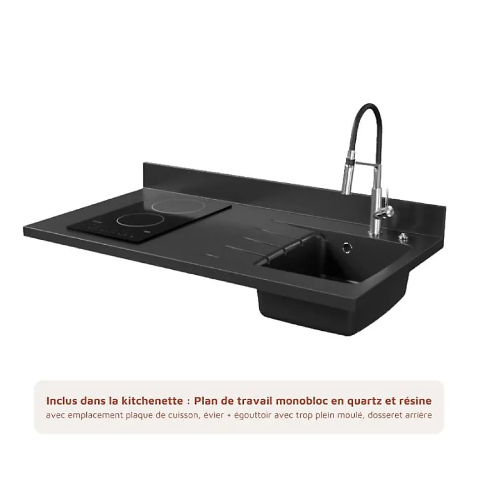 Kitchenette K02 - 120 cm - façades Noir - Plan monobloc en quartz coloris Nero évier à droite - Electroménager Inox
