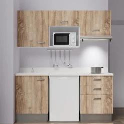 Kitchenette K20 - 180 cm - façades Bois - Plan monobloc en quartz coloris Snova évier à gauche