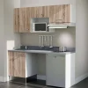 Kitchenette K55 - 180 cm - façades Bois - Plan monobloc en quartz coloris Cromo évier à gauche - Electroménager Inox