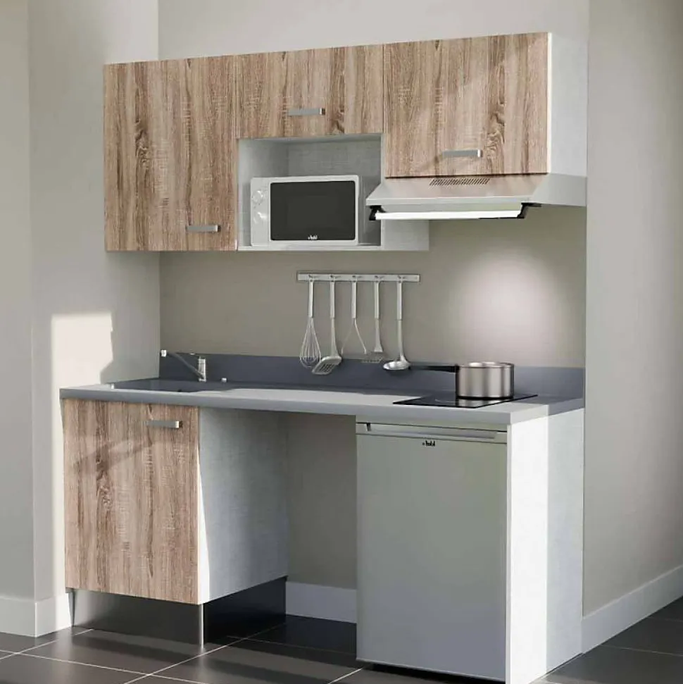 Kitchenette K55 - 180 cm - façades Bois - Plan monobloc en quartz coloris Cromo évier à gauche - Electroménager Inox