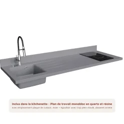 Kitchenette K55 - 180 cm - façades Bois - Plan monobloc en quartz coloris Cromo évier à gauche - Electroménager Inox