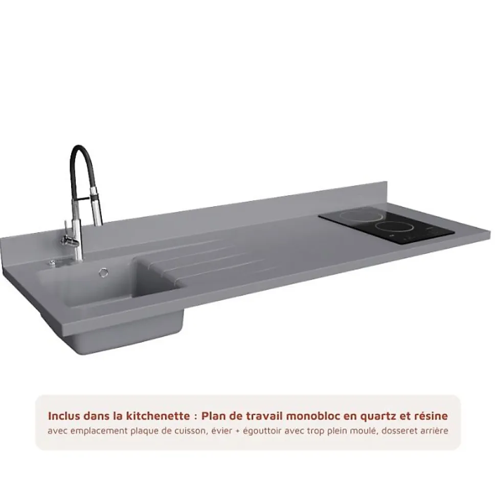 Kitchenette K55 - 180 cm - façades Bois - Plan monobloc en quartz coloris Cromo évier à gauche - Electroménager Inox