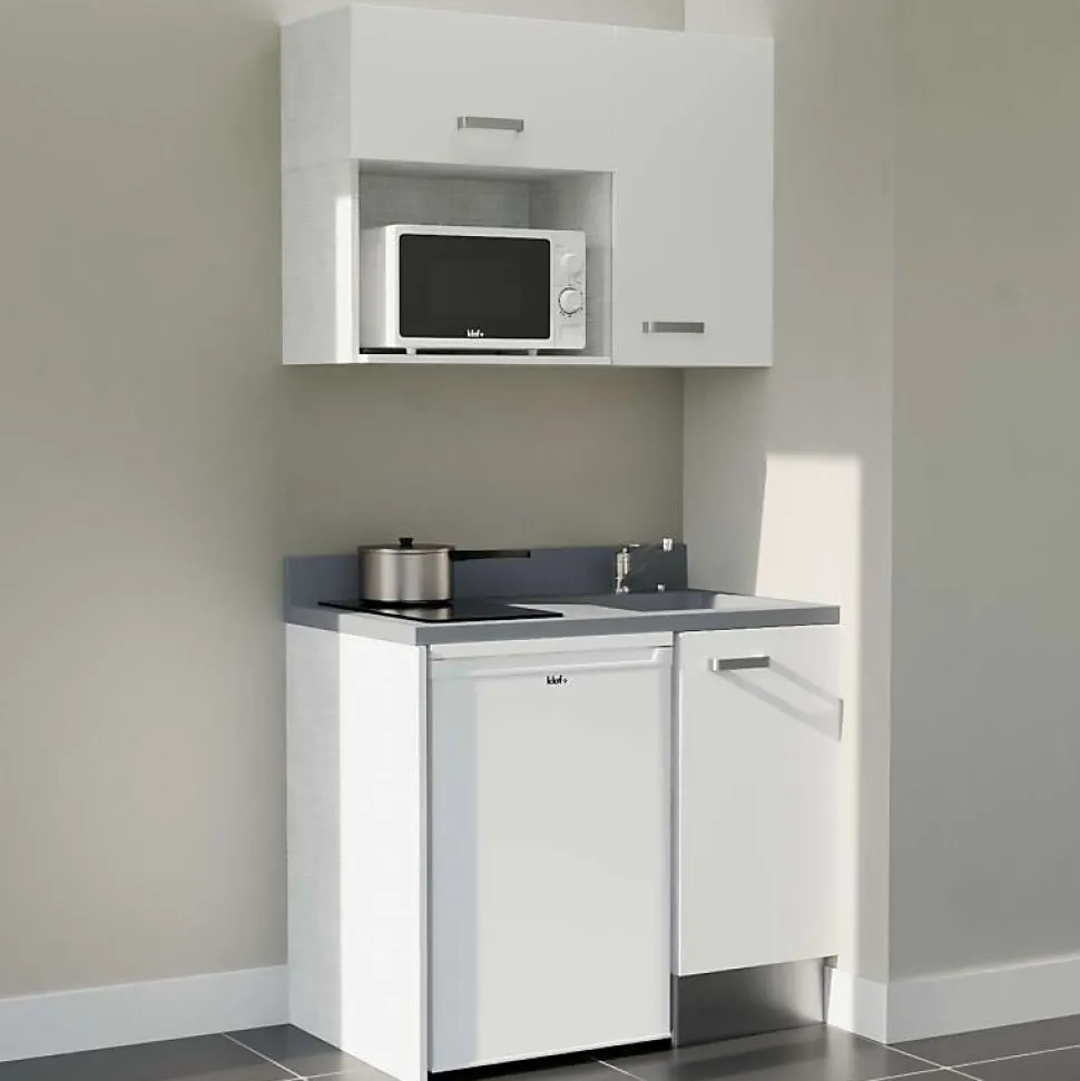 Kitchenette K00 - 100 cm - façades Blanc - Plan monobloc en quartz coloris Cromo évier à droite - Electroménager Blanc