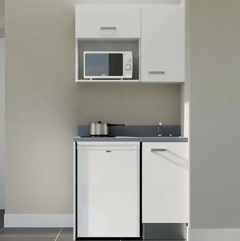 Kitchenette K00 - 100 cm - façades Blanc - Plan monobloc en quartz coloris Cromo évier à droite - Electroménager Blanc