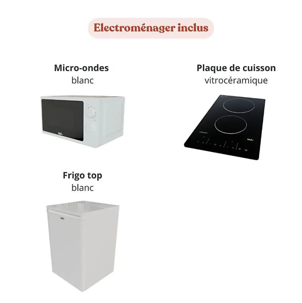 Kitchenette K00 - 100 cm - façades Blanc - Plan monobloc en quartz coloris Cromo évier à droite - Electroménager Blanc