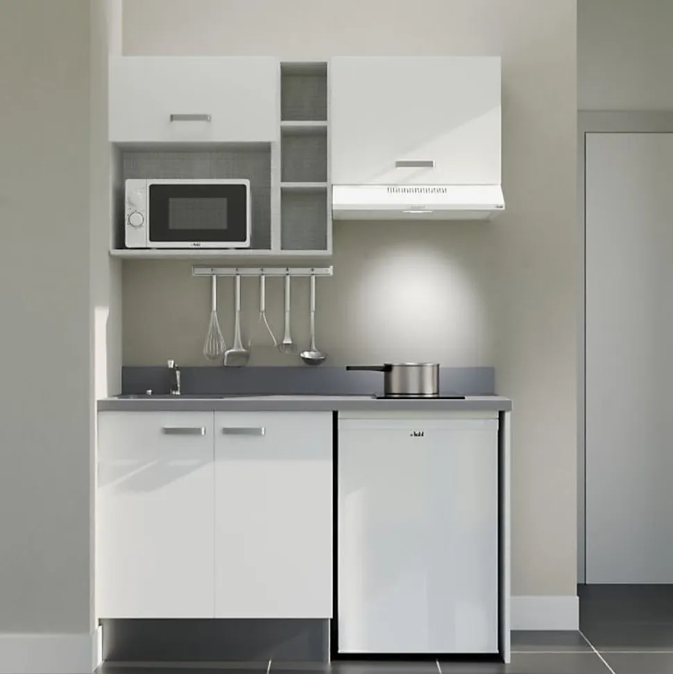 Kitchenette K13 - 140 cm - façades Blanc - Plan monobloc en quartz coloris Cromo évier à gauche - Electroménager Blanc