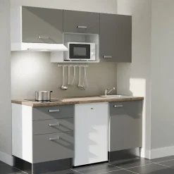 Kitchenette K20 - 180 cm - Façades : Gris - Plan de travail : Bois - Crédences : Non - Evier