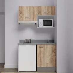 Kitchenette K02 - 120 cm - façades Bois - Plan monobloc en quartz coloris Cromo évier à droite
