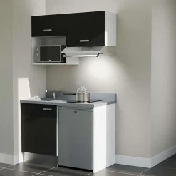 Kitchenette K02 - 120 cm - façades Noir - Plan monobloc en quartz coloris Cromo évier à gauche