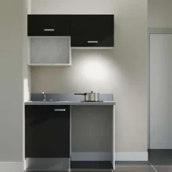 Kitchenette K02 - 120 cm - façades Noir - Plan monobloc en quartz coloris Cromo évier à gauche